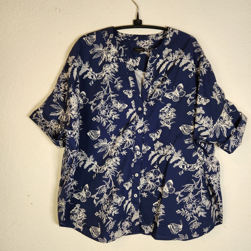 Talbots‎ Floral Print Navy Blue Women's Button Up Shirt, Size M